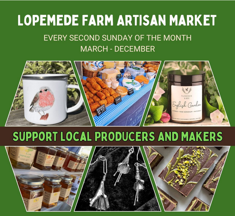 Advertisement for Lopemede Farm Artisan Market with images of products and text on a green background.
